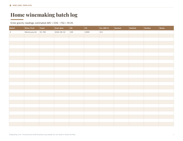 Preview of Printable Wine Batch Log